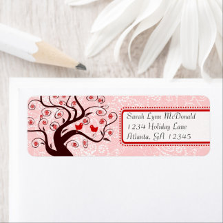 Cute Whimsical Birds in Swirl Tree Red Pink Dots Label