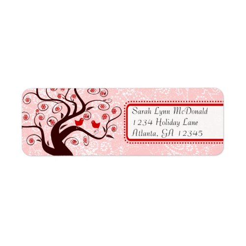 Cute Whimsical Birds in Swirl Tree Red Pink Dots Label