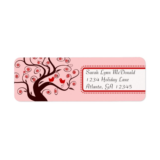Cute Whimsical Birds in Swirl Tree Red Pink Trim Label (Front)