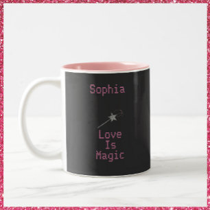 Cute Whimsical Black and Pink Love Is Magic Two-Tone Coffee Mug