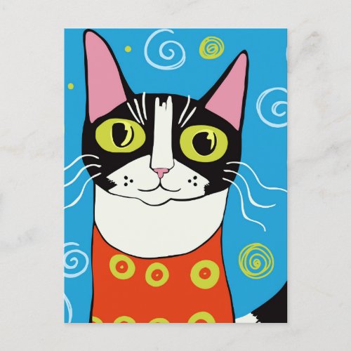 Cute Whimsical Black and White Cat Portrait Postcard