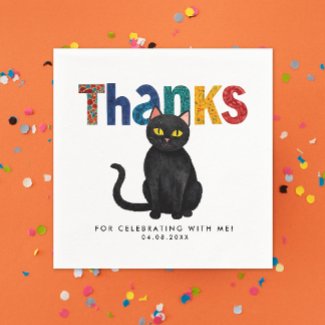 Cute Whimsical Black Cat Colorful Thanks Bold Typo