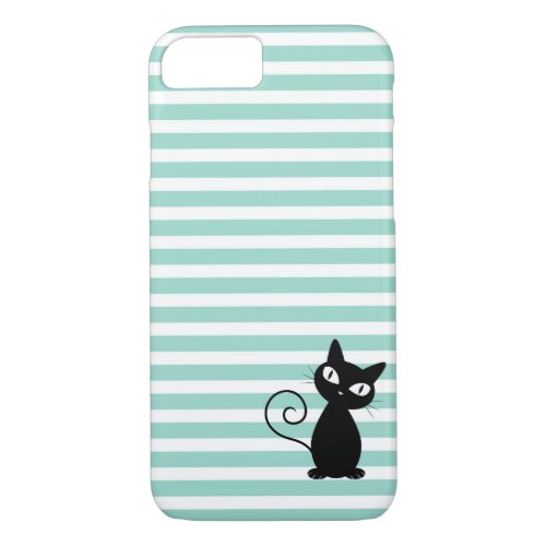 Cute Whimsical Black Cat on Stripes iPhone 87 Case