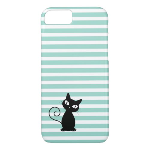 Cute Whimsical Black Cat on Stripes iPhone 87 Case