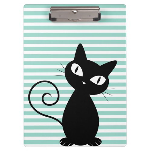 Cute Whimsical Black Cat on Stripes Clipboard