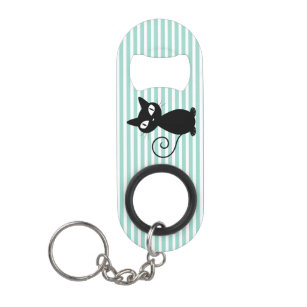 Cute Whimsical Black Cat on Stripes Keychain Bottle Opener
