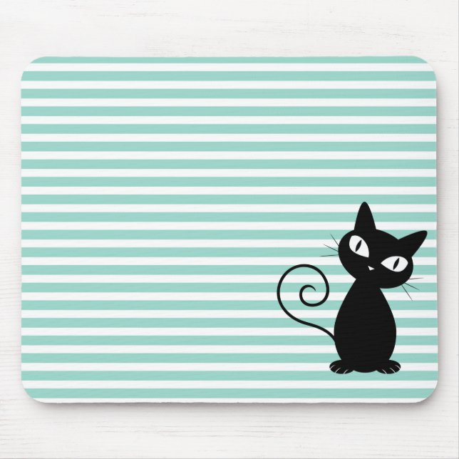 Cute Whimsical Black Cat on Stripes Mouse Pad (Front)