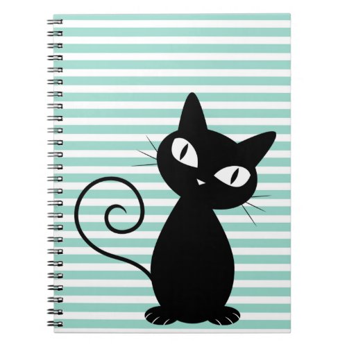 Cute Whimsical Black Cat on Stripes Notebook