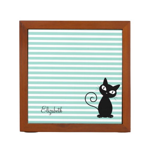 Cute Whimsical Black Cat on Stripes_Personalized Desk Organizer