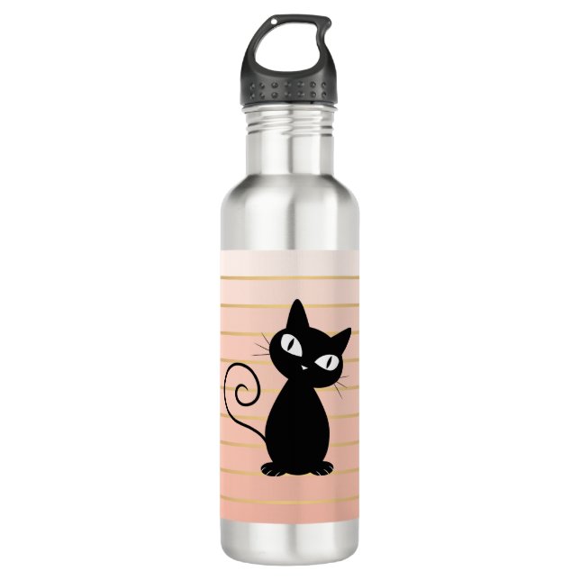 Cute Whimsical Black Cat on Stripes Stainless Steel Water Bottle (Front)