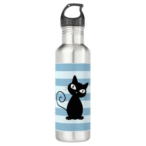 Cute Whimsical Black Cat on Stripes Water Bottle