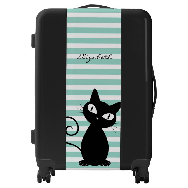Cute Whimsical Black Cat, Stripes- Personalized Luggage (Front)