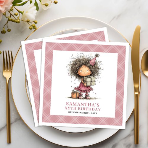 Cute whimsical black skin girl 3rd birthday napkin