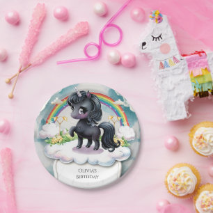 Cute Whimsical Black Unicorn Birthday Paper Plates
