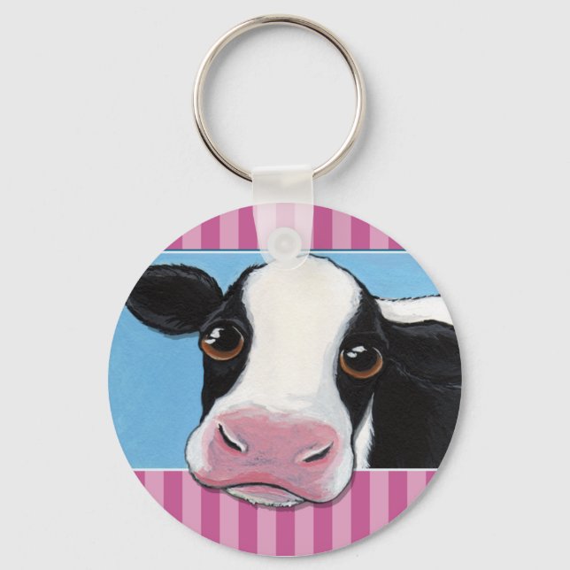 Cute Whimsical Black & White Cow with Pink Stripe Keychain (Front)