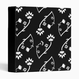 Cute Whimsical Black White Folk Floral Pattern 3 Ring Binder