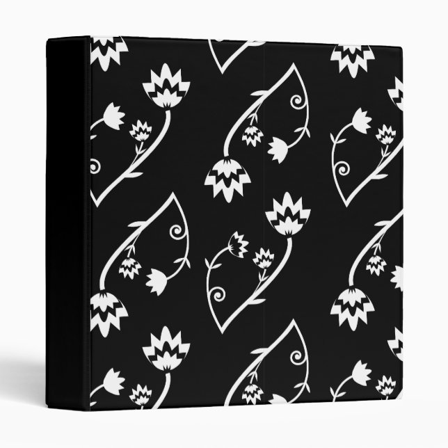 Cute Whimsical Black White Folk Floral Pattern 3 Ring Binder (Front/Spine)