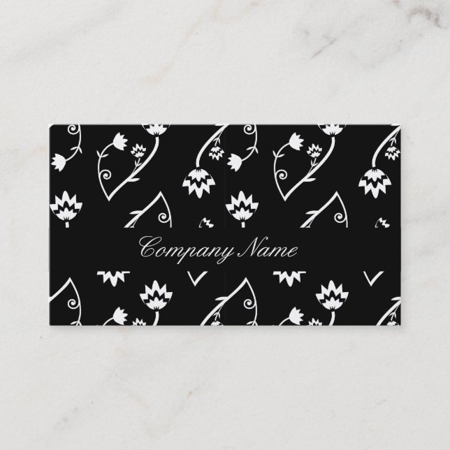 Cute Whimsical Black White Folk Floral Pattern Business Card (Front)
