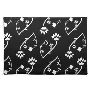 Cute Whimsical Black White Folk Floral Pattern Cloth Placemat