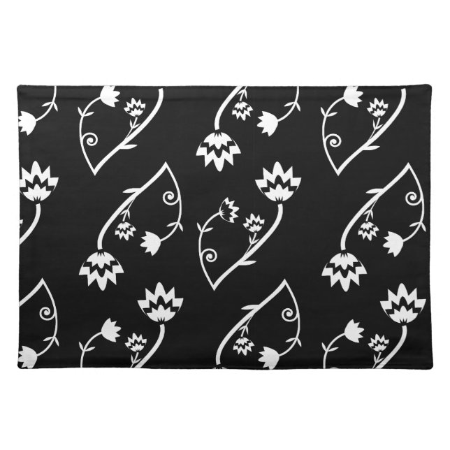 Cute Whimsical Black White Folk Floral Pattern Cloth Placemat (Front)