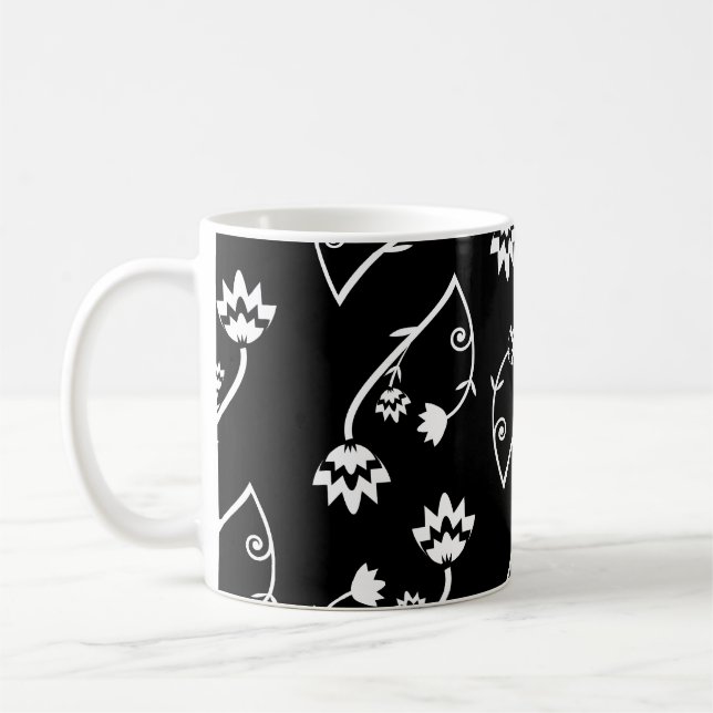 Cute Whimsical Black White Folk Floral Pattern Coffee Mug (Left)