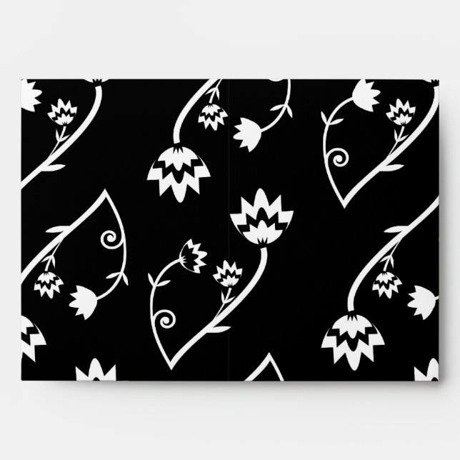Cute Whimsical Black White Folk Floral Pattern Envelope (Front)