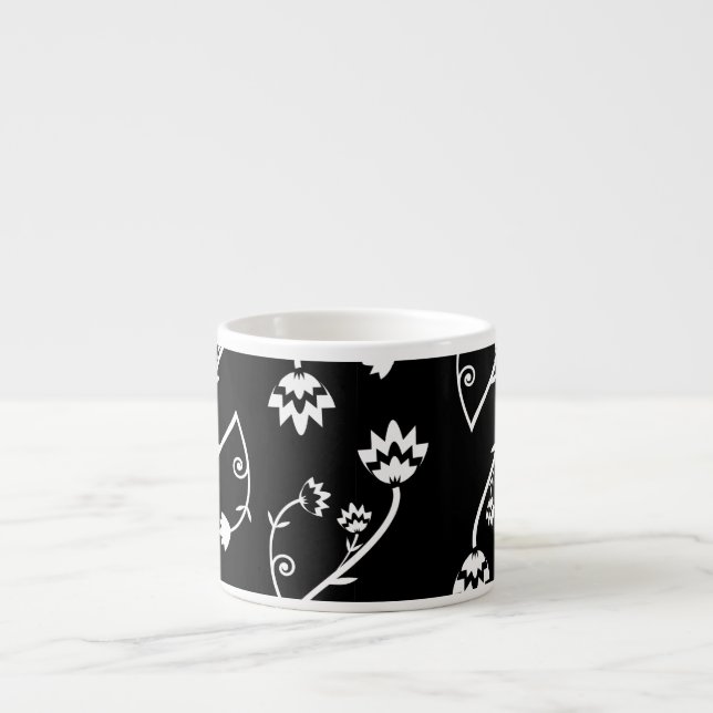 Cute Whimsical Black White Folk Floral Pattern Espresso Cup (Front)
