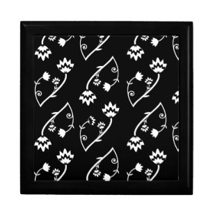 Cute Whimsical Black White Folk Floral Pattern Jewelry Box