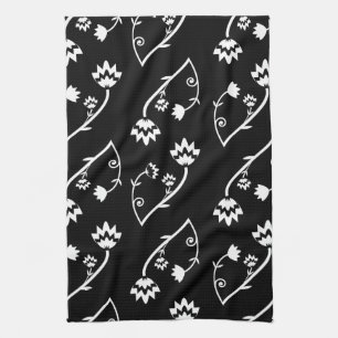Cute Whimsical Black White Folk Floral Pattern Kitchen Towel