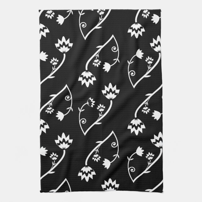 Cute Whimsical Black White Folk Floral Pattern Kitchen Towel (Vertical)