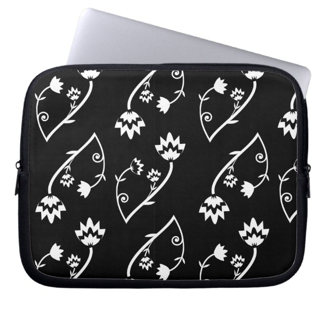 Cute Whimsical Black White Folk Floral Pattern Laptop Sleeve (Front)