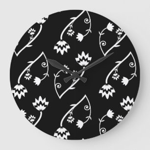 Cute Whimsical Black White Folk Floral Pattern Large Clock