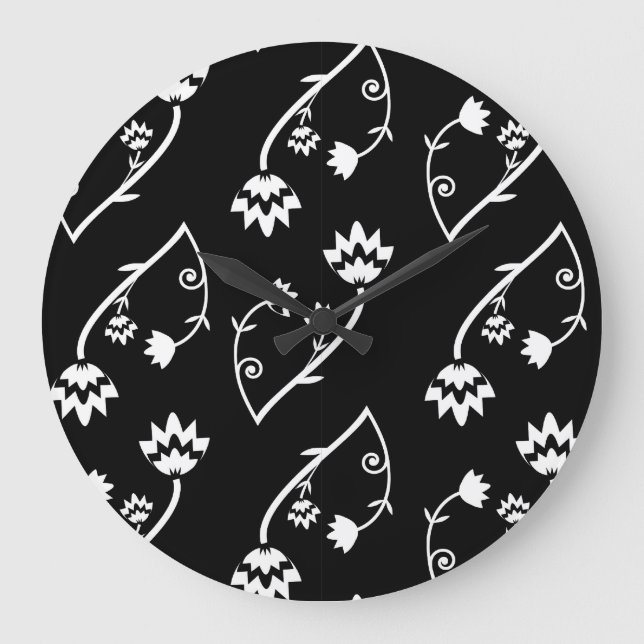 Cute Whimsical Black White Folk Floral Pattern Large Clock (Front)