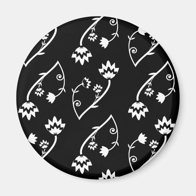 Cute Whimsical Black White Folk Floral Pattern Magnet (Front)