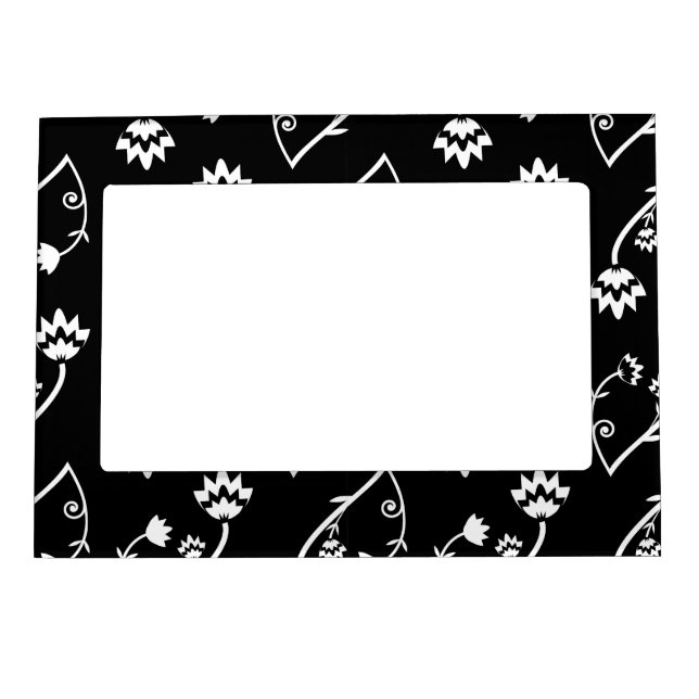 Cute Whimsical Black White Folk Floral Pattern Magnetic Picture Frame (Front)