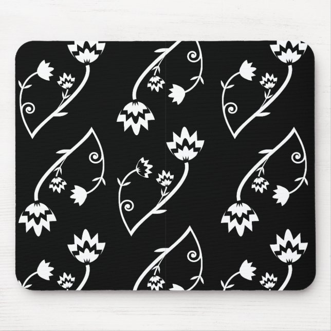 Cute Whimsical Black White Folk Floral Pattern Mouse Pad (Front)