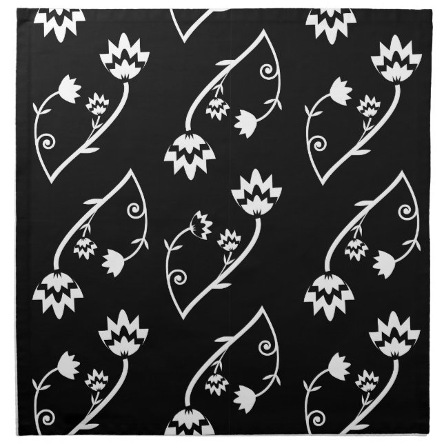 Cute Whimsical Black White Folk Floral Pattern Napkin (Front)