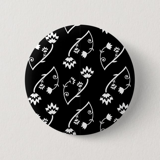 Cute Whimsical Black White Folk Floral Pattern Pinback Button (Front)