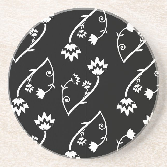 Cute Whimsical Black White Folk Floral Pattern Sandstone Coaster (Front)