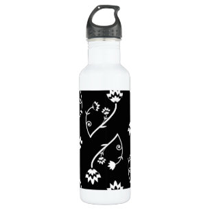 Cute Whimsical Black White Folk Floral Pattern Stainless Steel Water Bottle