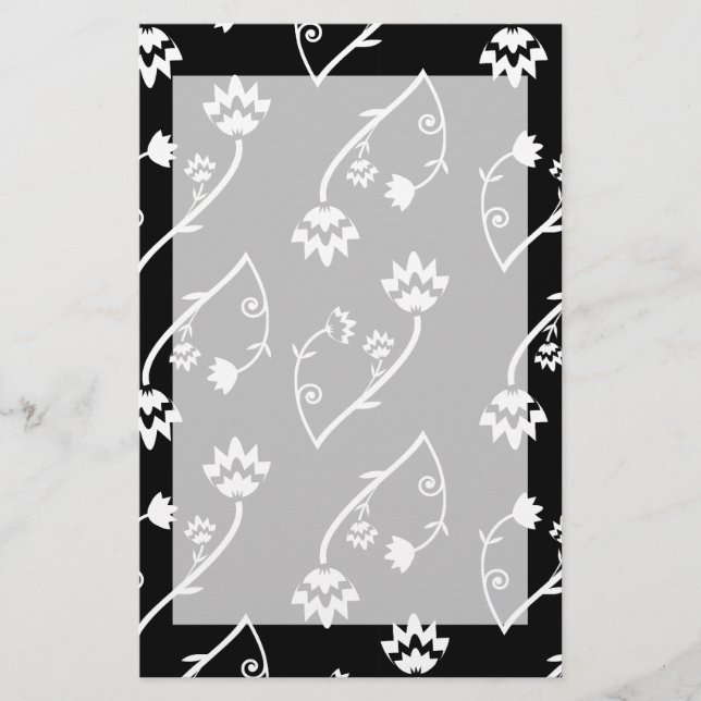 Cute Whimsical Black White Folk Floral Pattern Stationery (Front)