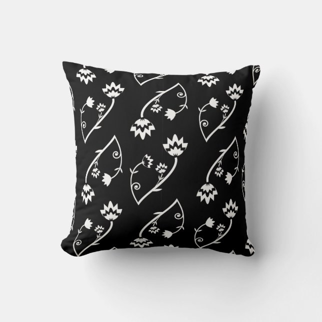 Cute Whimsical Black White Folk Floral Pattern Throw Pillow (Front)