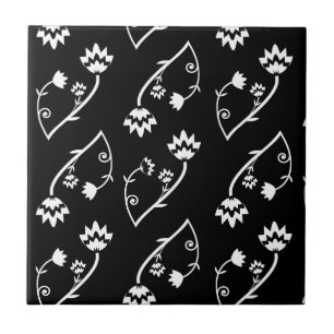 Cute Whimsical Black White Folk Floral Pattern Tile