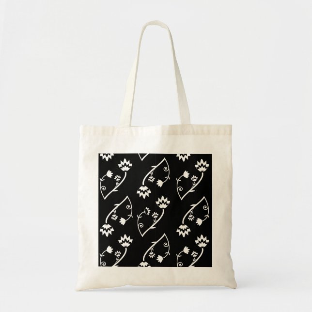 Cute Whimsical Black White Folk Floral Pattern Tote Bag (Front)