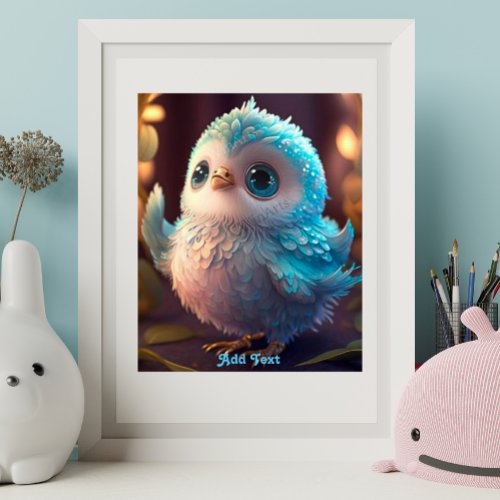Cute Whimsical Blue Bird Glitter Feathers Nursery Poster