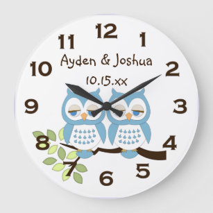 Cute Whimsical Blue Boy Owl Twins Wall Clock