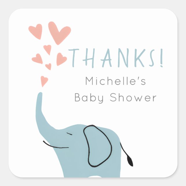 Cute Whimsical Blue Elephant Baby Shower Square Sticker (Front)