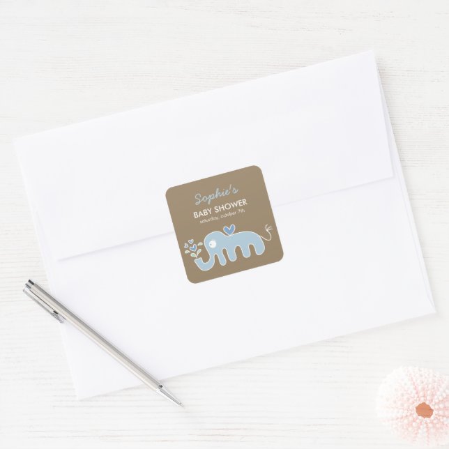 Cute Whimsical Blue Elephant Love Boy Baby Shower Square Sticker (Envelope)