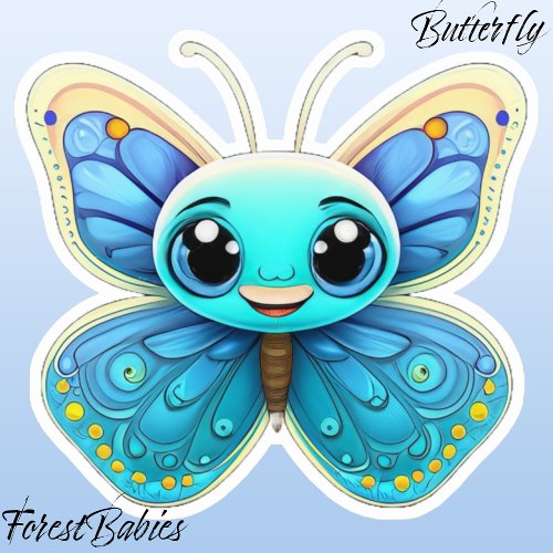 Cute Whimsical Blue Kids Butterfly Cartoon Graphic Sticker