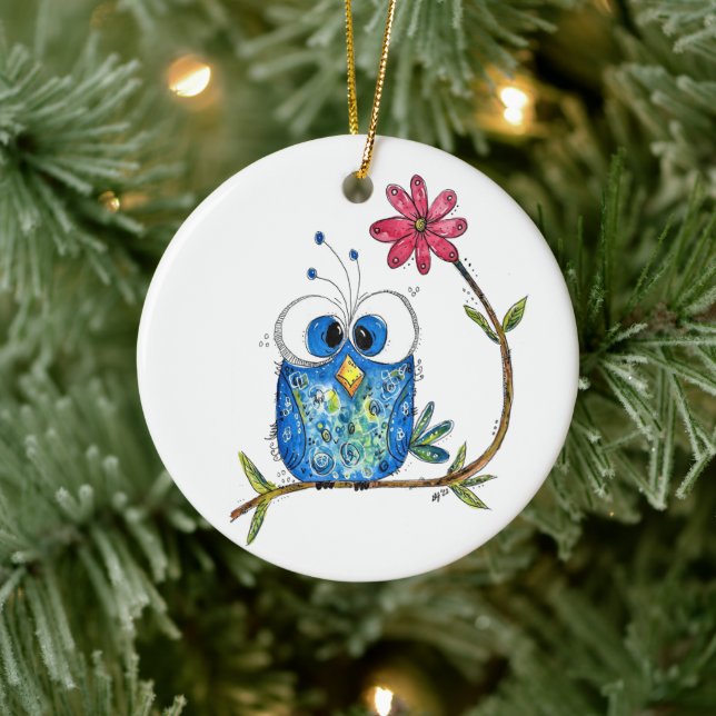 Cute Whimsical Blue Owl Ceramic Ornament (Tree)